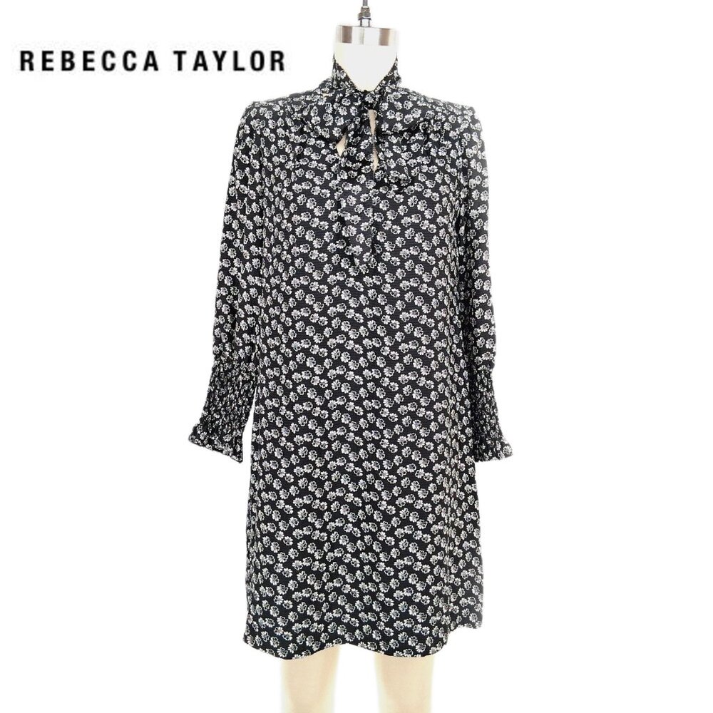 Rebecca Taylor Rue Silk Dress Black White Tie Neck Floral Smocked Cuffs Size 0 - Picture 2 of 11
